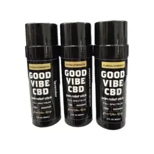 Three black CBD pain relief sticks standing upright with yellow labels reading Extra Strength and Good Vibes CBD, Full Spectrum, 2 fl oz (60 mL) each.